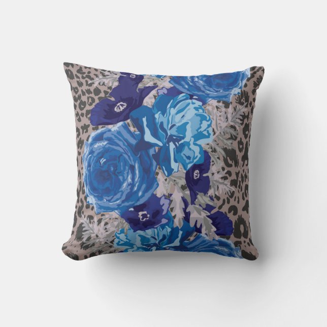 Almohada decorativa de Leopardo Floral Azul impres (Anverso)