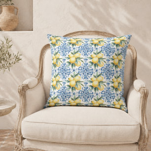 Almohada decorativa de limón azul acuarela