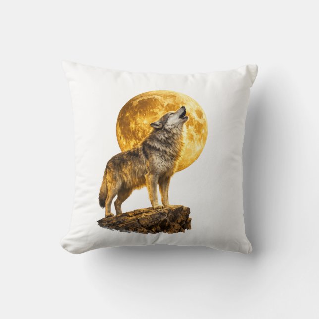Almohada decorativa de lobo aullando a la luna (Anverso)