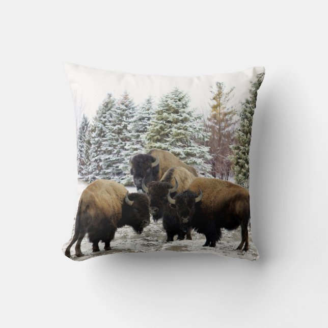 Almohada Decorativa de Manada de Bisontes en Nieve (Anverso)