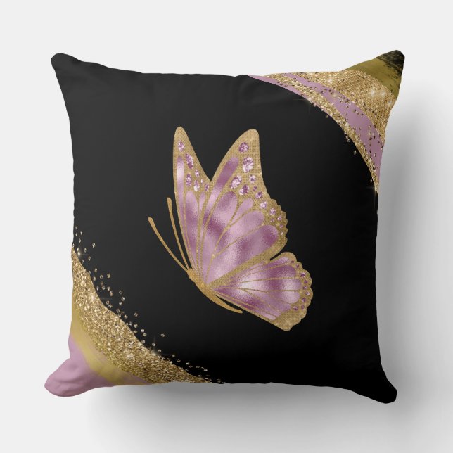 Almohada decorativa de mariposa rosa y dorada (Anverso)