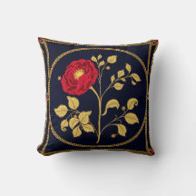 Almohada decorativa de medallón floral dorado y az