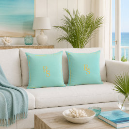 Almohada decorativa de monograma de oro azul aqua
