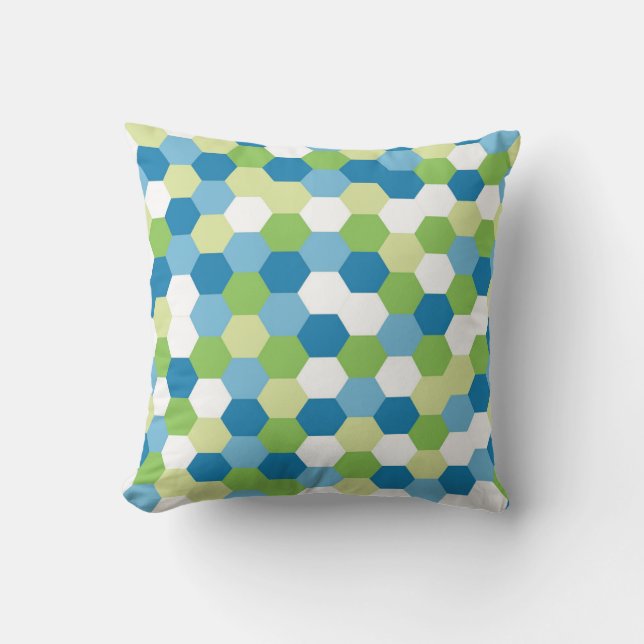 Almohada decorativa de mosaico de hexágono azul y  (Anverso)