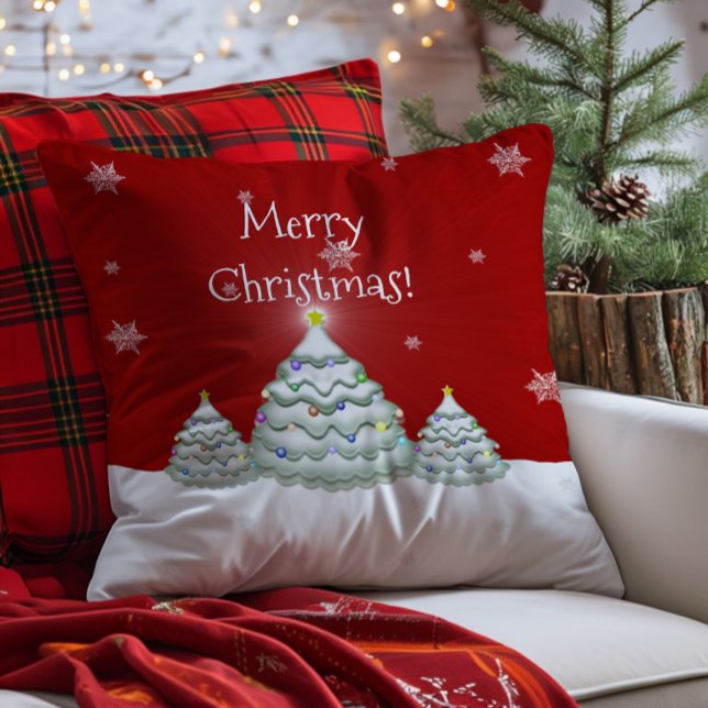 Almohada Decorativa de Navidad Árbol Nevado Rojo (Red Christmas Tree Throw Pillow)