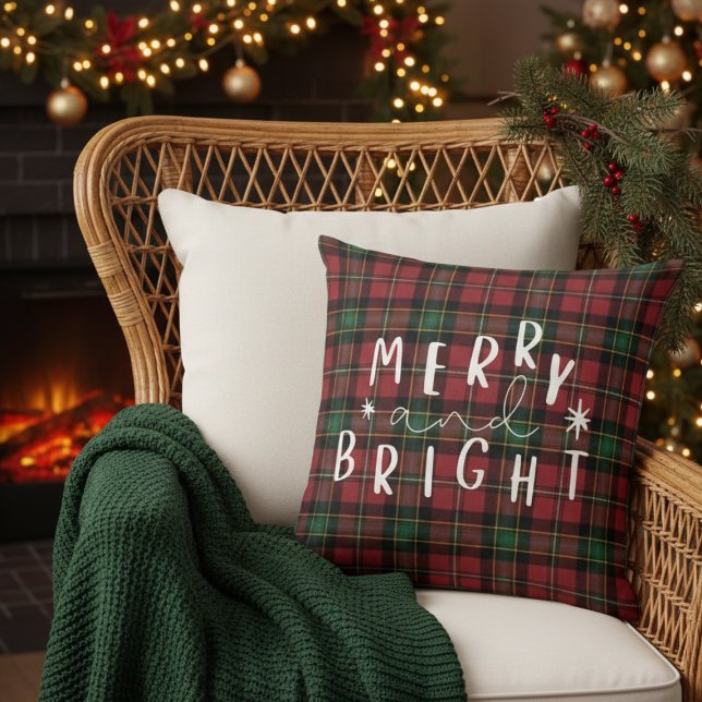 Almohada decorativa de Navidad de cuadros verdes y (Green Red Plaid Christmas Decorative Throw Pillow)