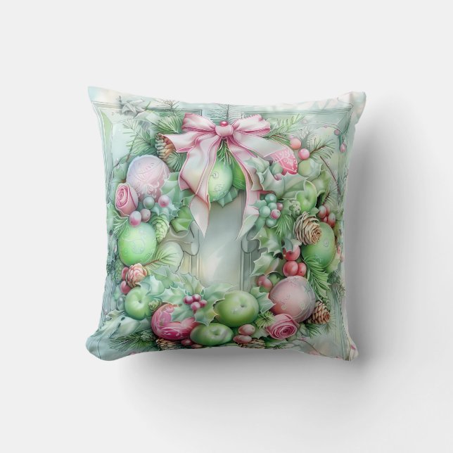 Almohada decorativa de Navidad rosa pastel y verde (Anverso)