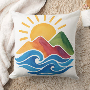 Almohada decorativa de paisaje montañoso y océano 