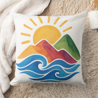 Almohada decorativa de paisaje montañoso y océano 