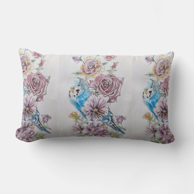 Almohada decorativa de pájaro acuarela Blue Budgie (Anverso)