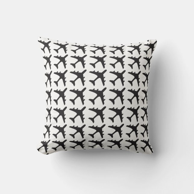 almohada decorativa de patrón de avión blanco negr (Anverso)