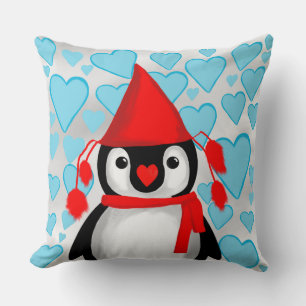 Almohada decorativa de pingüino lindo en rojo con