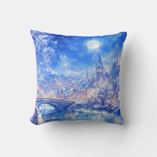 Almohada decorativa de pueblo invernal bajo la luz