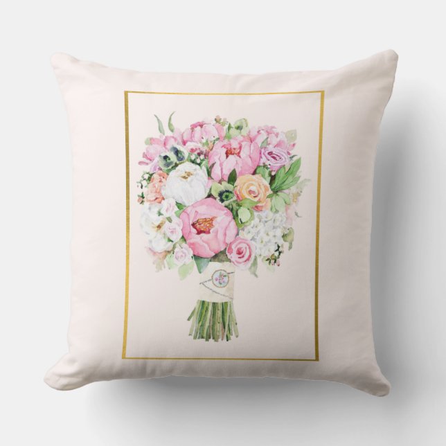 Almohada Decorativa de Ramo Floral Rosa, Blanco y  (Anverso)