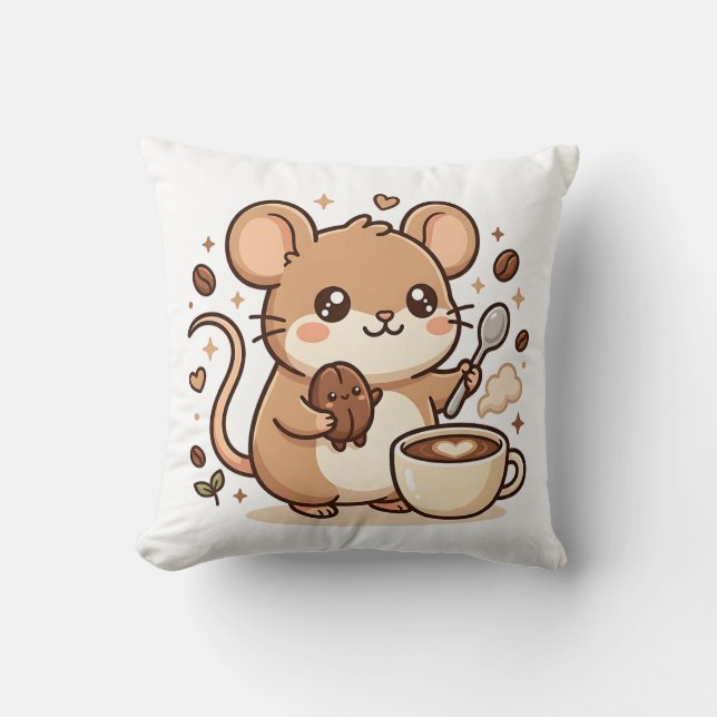 Almohada Decorativa de Ratón Kawaii Café (Anverso)