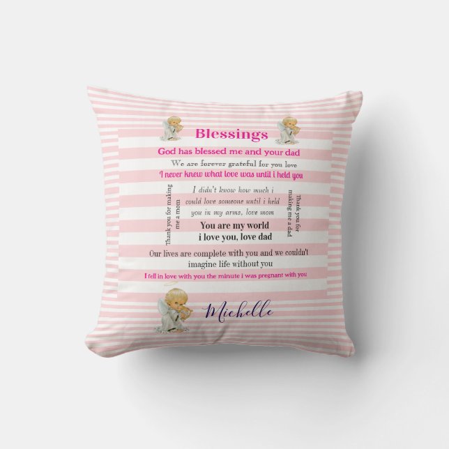 Almohada decorativa de rayas rosadas y blancas con (Anverso)