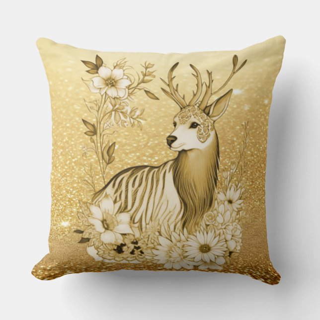 Almohada decorativa de reno floral dorado (Anverso)