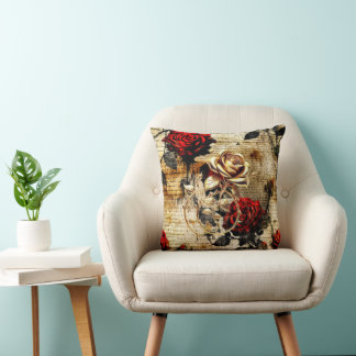 Almohada decorativa de rosas rojas y oro vintage