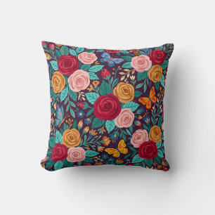Almohada decorativa de rosas y mariposas de arte p