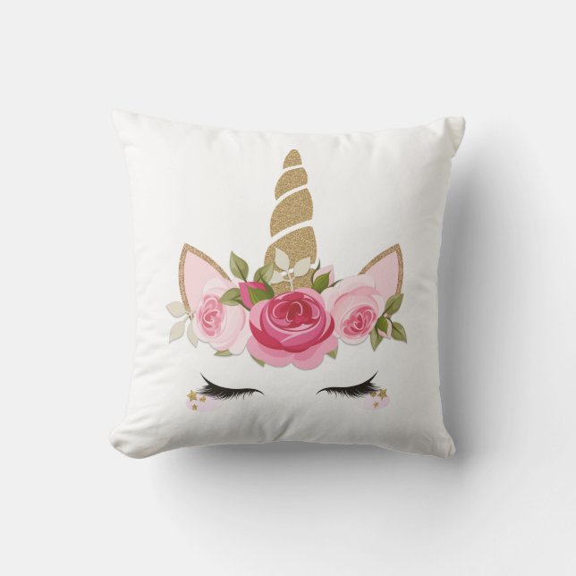 Almohada decorativa de unicornio dorado floral lin (Anverso)