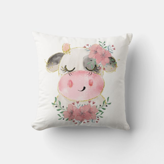 Almohada decorativa de vaca con flores en acuarela (Anverso)