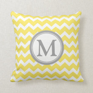 Almohada decorativa del monograma gris amarillo de