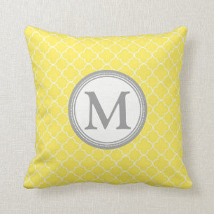 Almohada decorativa del monograma gris amarillo de
