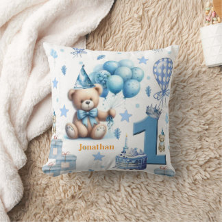 Almohada Decorativa, Feliz 1er Cumpleaños Oso Azul