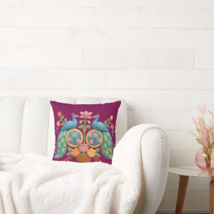 Almohada decorativa festiva de pavo real y loto