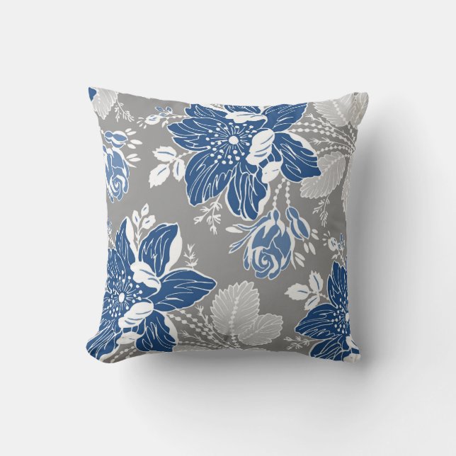 Almohada decorativa floral azul marino del blanco (Anverso)