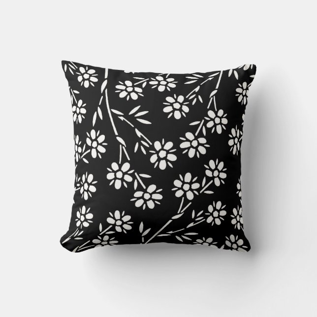 Almohada decorativa floral blanco y negro (Anverso)