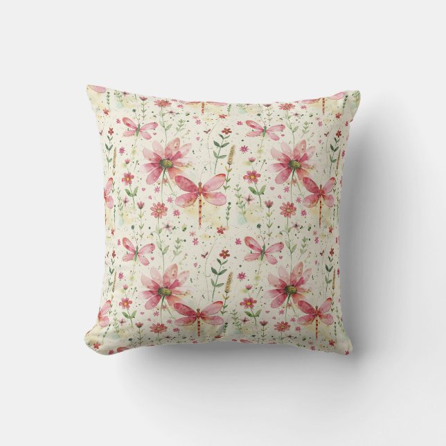 Almohada decorativa floral con libélula rosa para  (Anverso)