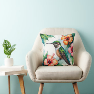 Almohada decorativa floral de colibrí e hibisco vi