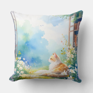 Almohada decorativa floral de gato en acuarela aco