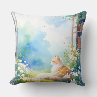Almohada decorativa floral de gato en acuarela aco