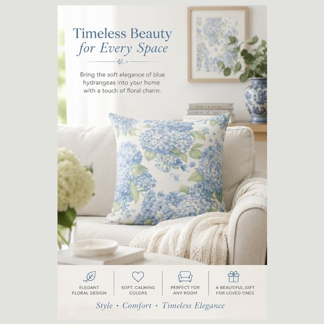 Almohada decorativa floral de Hortensia Azul | Cos (Blue Hydrangea Elegance. Update your home decor with this blue and white floral throw pillow cushion)