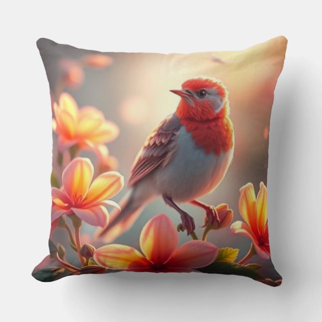 Almohada decorativa floral de pájaro naranja (Anverso)