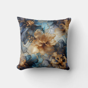 Almohada decorativa floral de tinta de alcohol azu