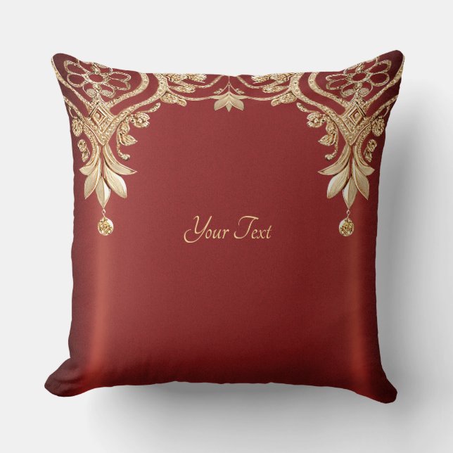 Almohada Decorativa Floral Roja Dorada Moderna (Anverso)