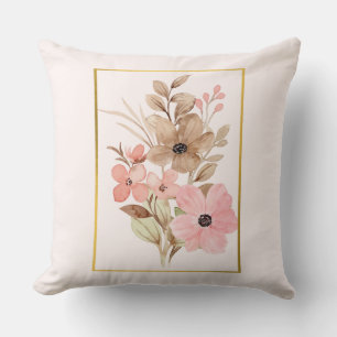 Almohada decorativa floral rosa y marrón con marco