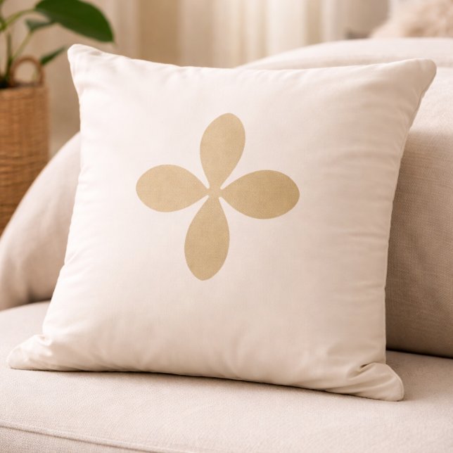 Almohada decorativa Golden Folk Bloom (Muted gold floral icon centered on off-white for calm, nature inspired home layering.)