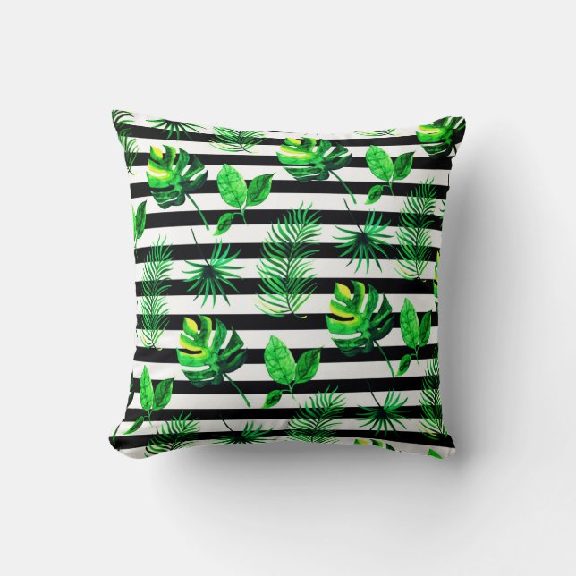 Almohada Decorativa-Hojas Tropicales con Rayas (Anverso)