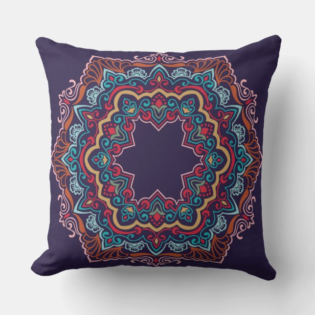 Almohada decorativa mandala rojo azul amarillo (Anverso)