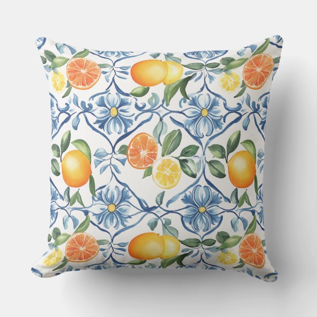 Almohada decorativa mediterránea de limón y naranj (Anverso)
