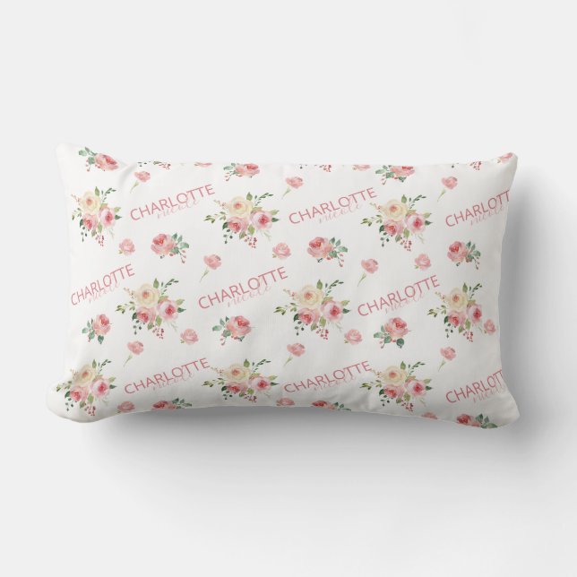 Almohada decorativa monogramada floral rosa rubor (Anverso)