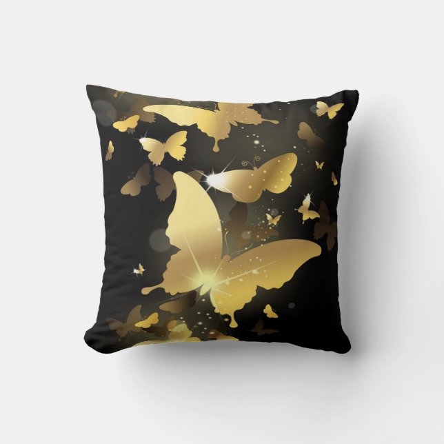 Almohada decorativa/Negra con mariposas doradas (Anverso)