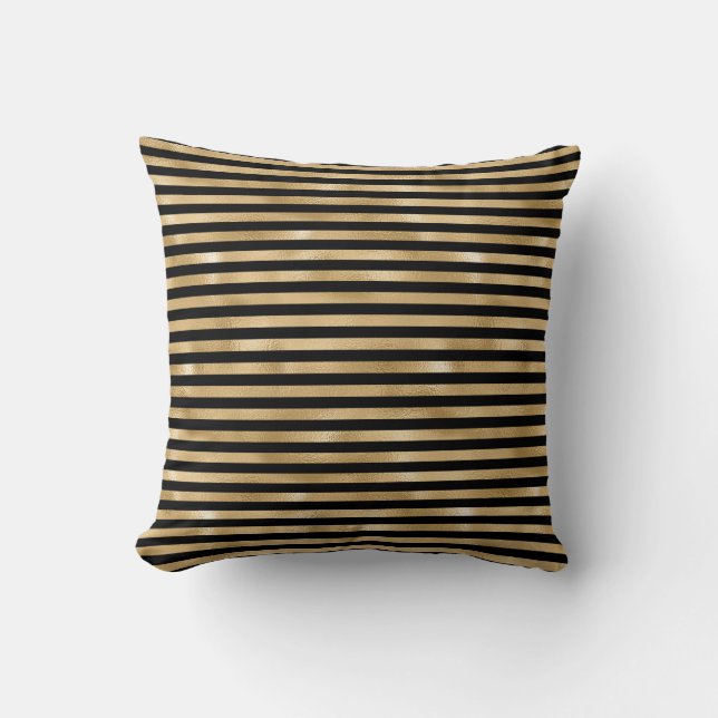 Almohada decorativa negra y rayada en dorado (Anverso)