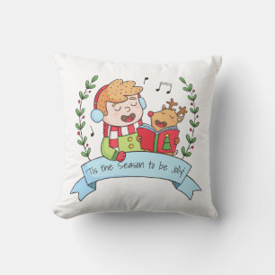 Almohada Decorativa Niño y Reno Cantando Villancic