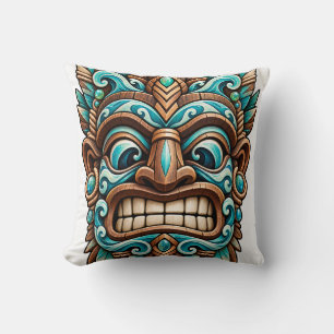 Almohada decorativa Tiki Guardian tallado en azul