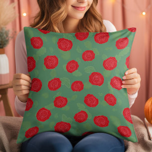 Almohada Decorativa, Verde Con Rosas Rojas. Almoha